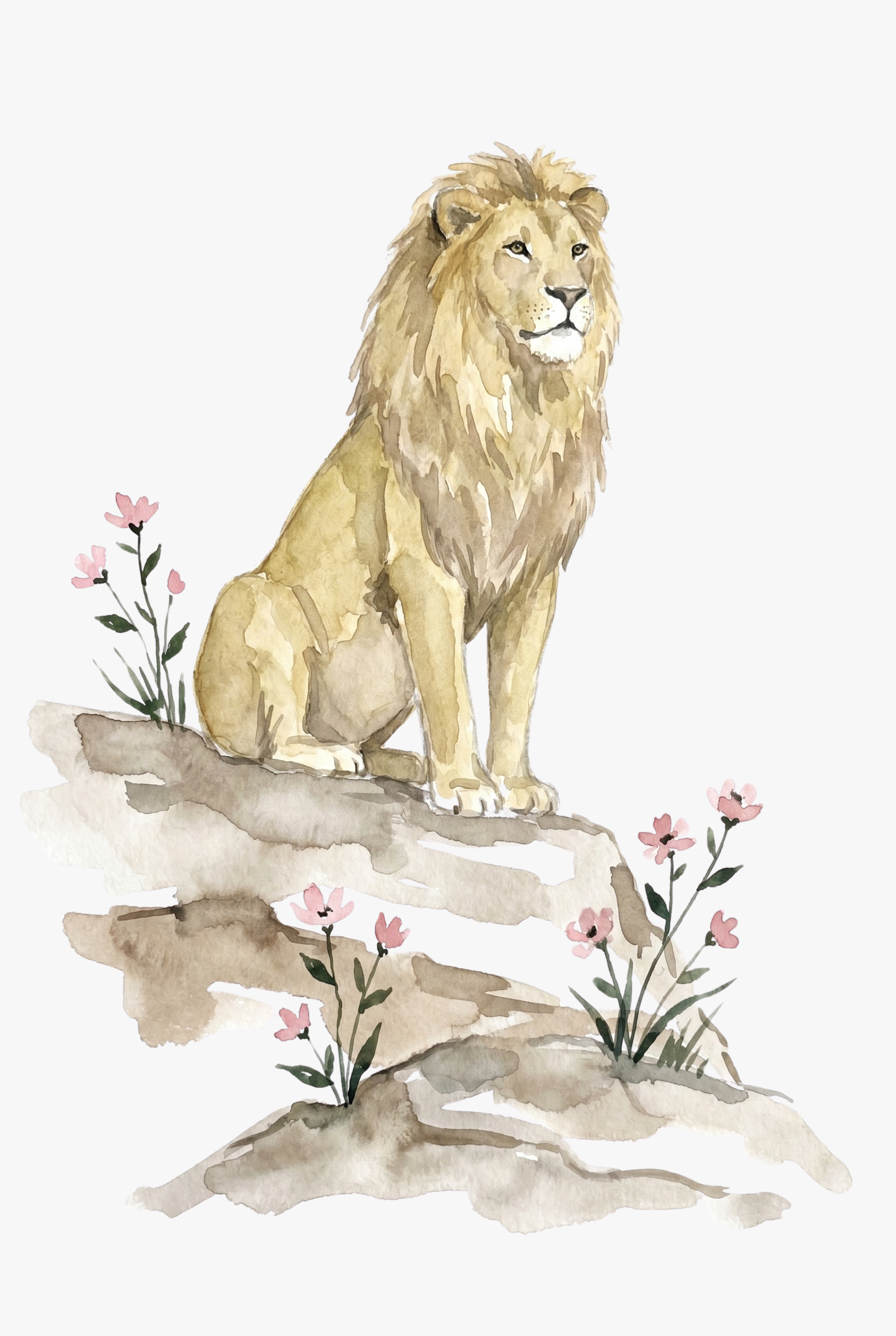 Pink Wildflower Lion Wall Art - Majestic Golden Mane
