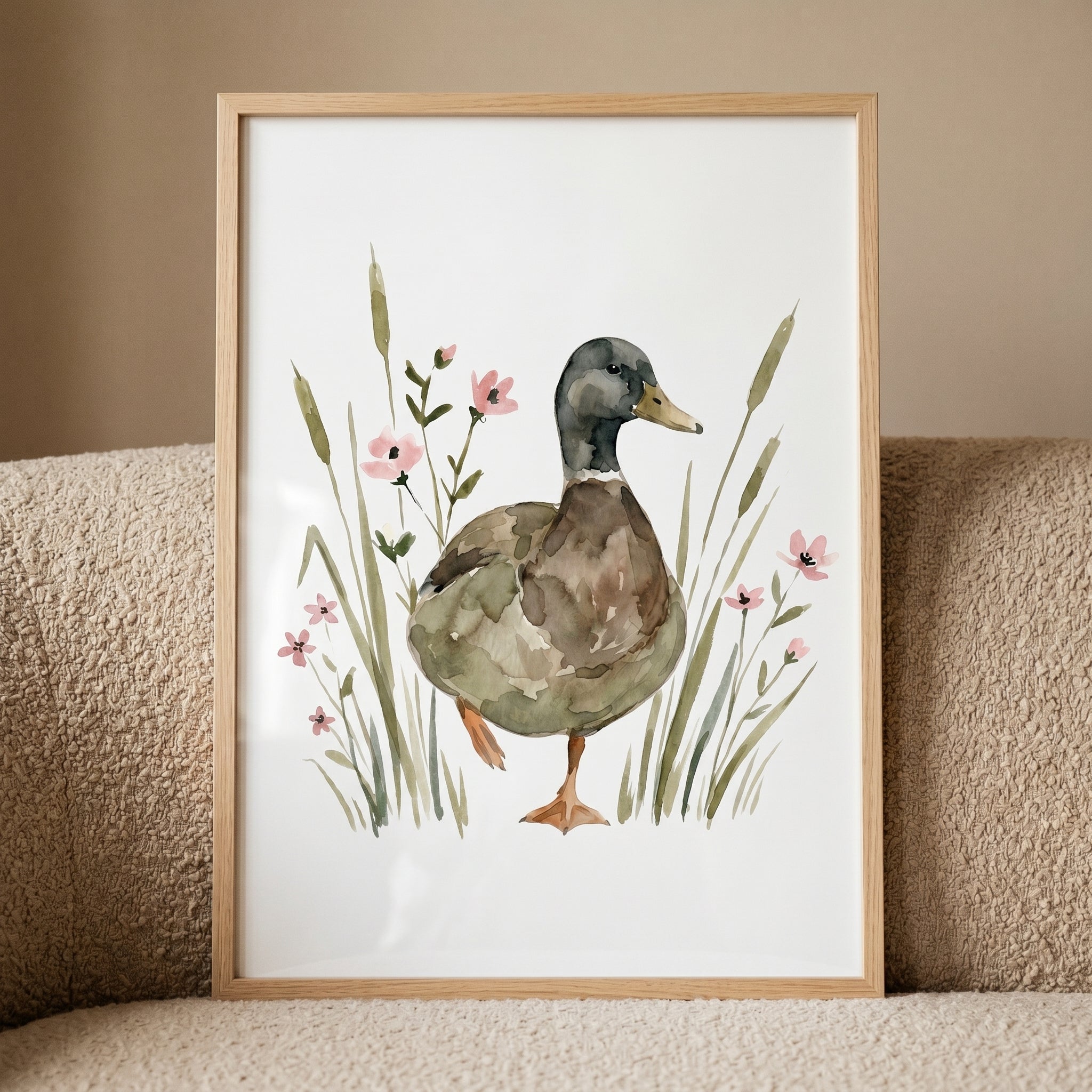 Pink Wildflower Mallard Duck Wall Art - Serene Marsh Mallard