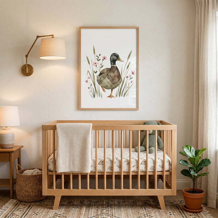 A wooden crib with a plush toy sits below pink wildflower mallard duck wall art in this neutral-toned nursery.
