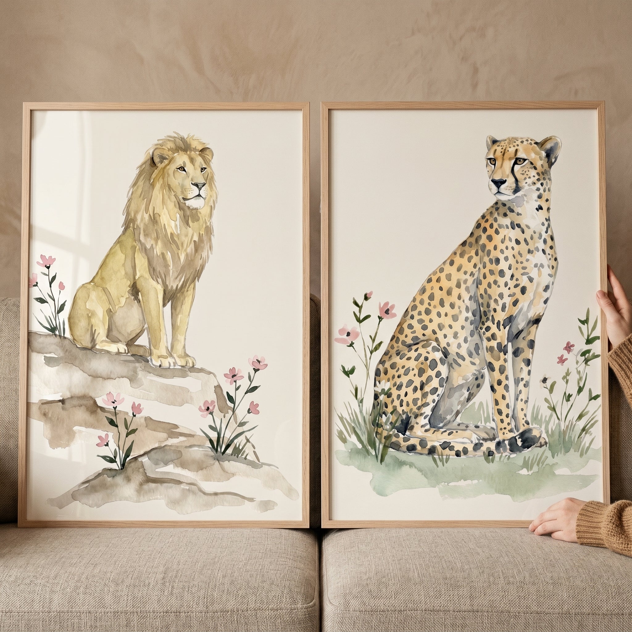 Pink Wildflower Safari Animal Wall Art Set of 2 - Savanna Floral Duo