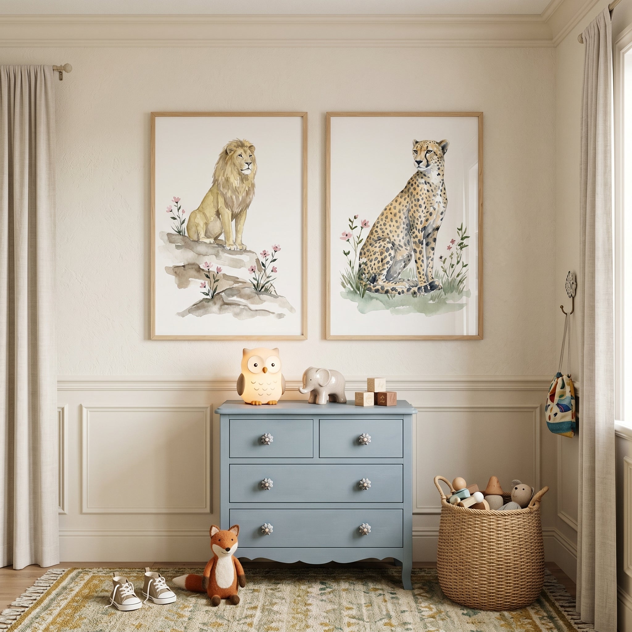 Pink Wildflower Safari Animal Wall Art Set of 2 - Savanna Floral Duo
