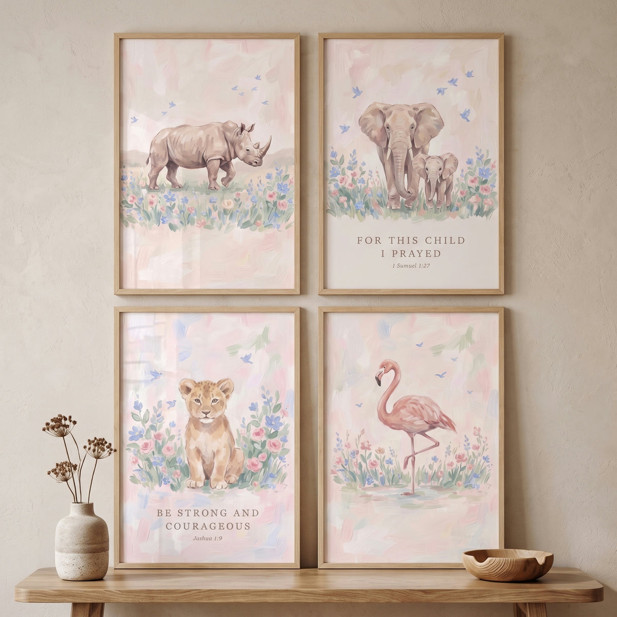 Pink Wildflower Safari Animals Wall Art Set Of 4 - Pastel Faith Animals