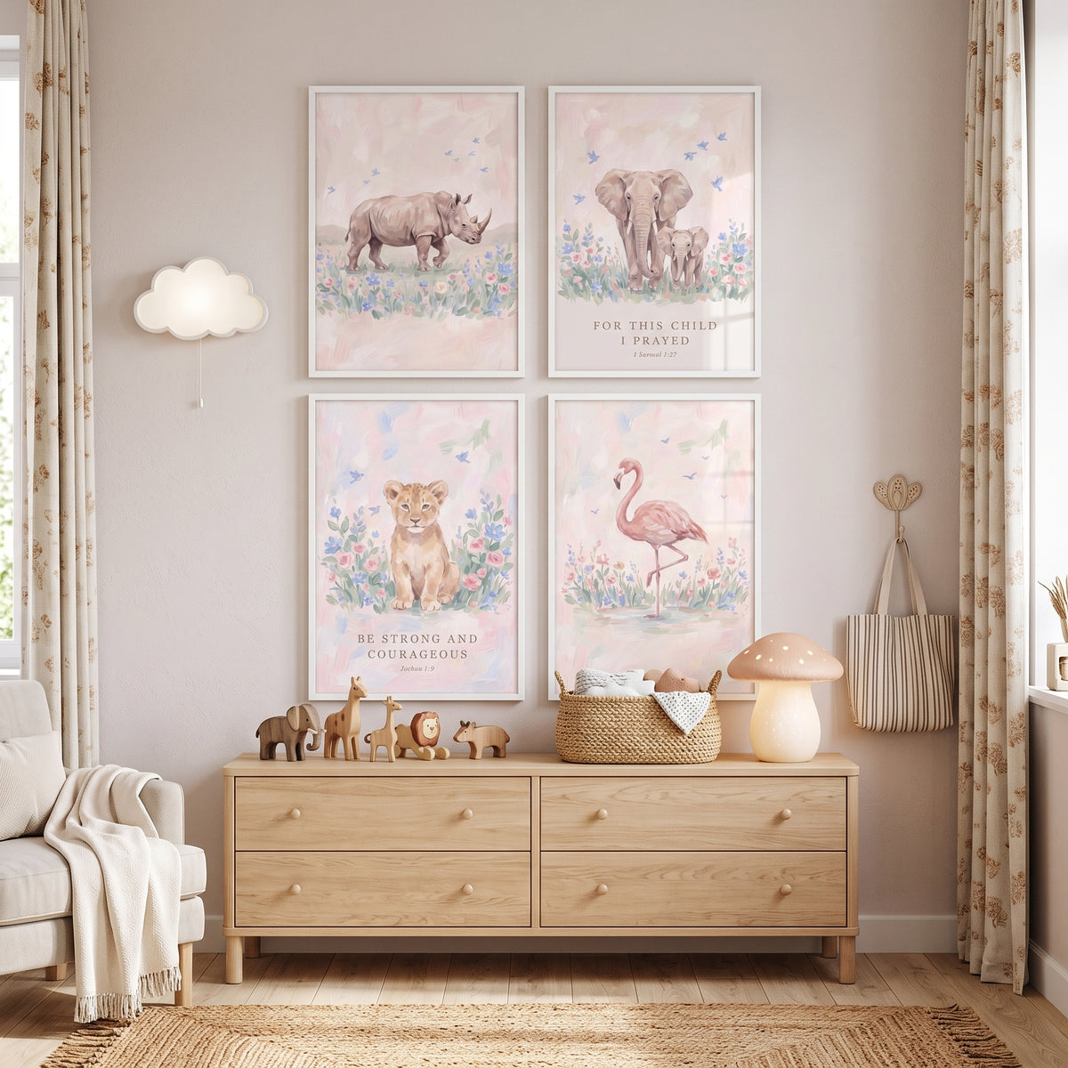 Pink Wildflower Safari Animals Wall Art Set Of 4 - Pastel Faith Animals