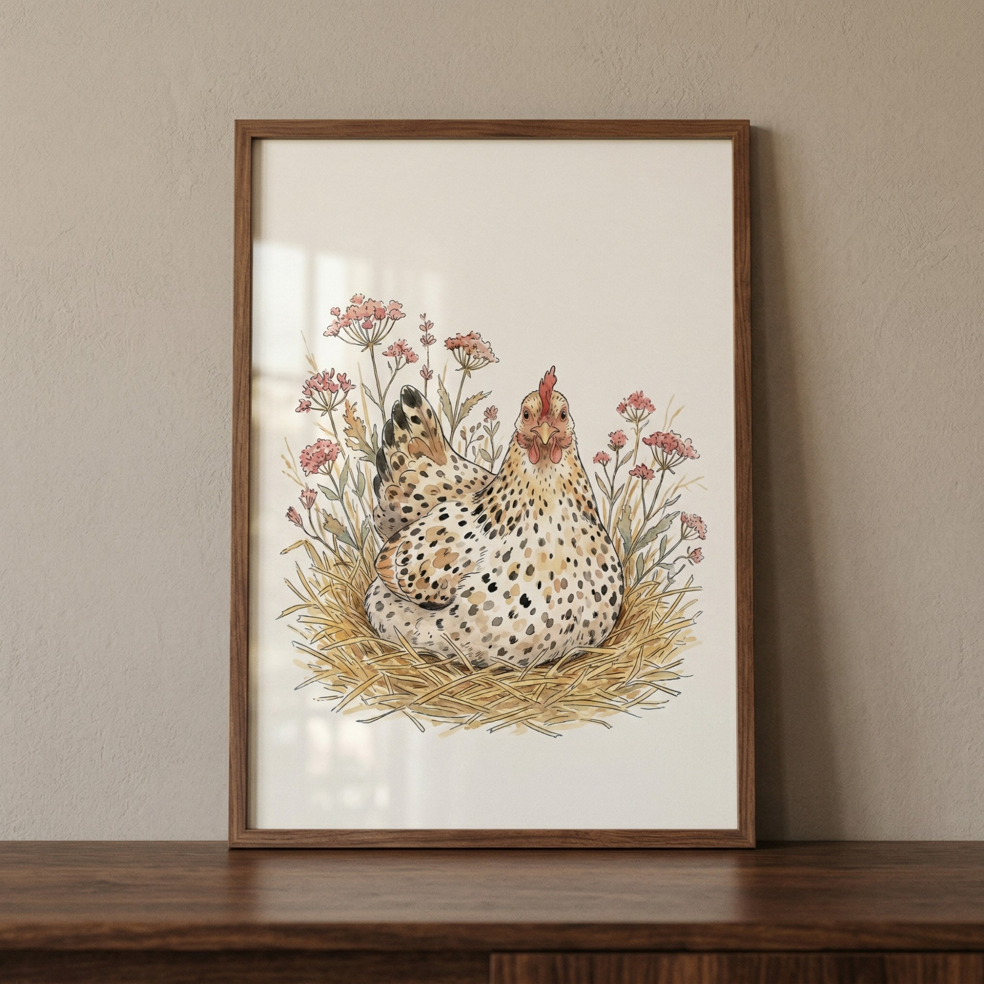 Pink Wildflower Speckled Hen Wall Art - Speckled Nesting Hen