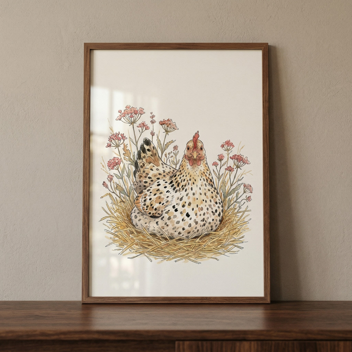 A framed illustration of a speckled hen resting in a straw nest, surrounded by soft pink wildflowers. The artwork is done in a delicate, watercolor style with earth tones and fine lines. The picture is held in a simple brown wooden frame, which sits on a dark wood surface against a plain, warm-toned wall.