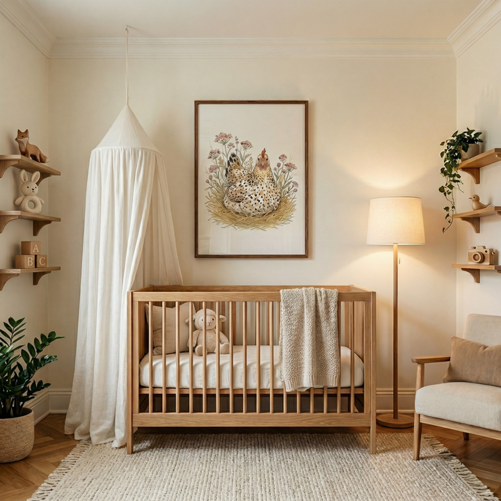 A cozy, neutral-toned nursery features a light wood crib centered on a fringed area rug. Inside the crib sits a plush lamb and a folded knit blanket. Above the crib, a large framed illustration depicts two speckled hens in a nest surrounded by wildflowers. To the left of the crib, a long white fabric canopy drapes from the ceiling. 