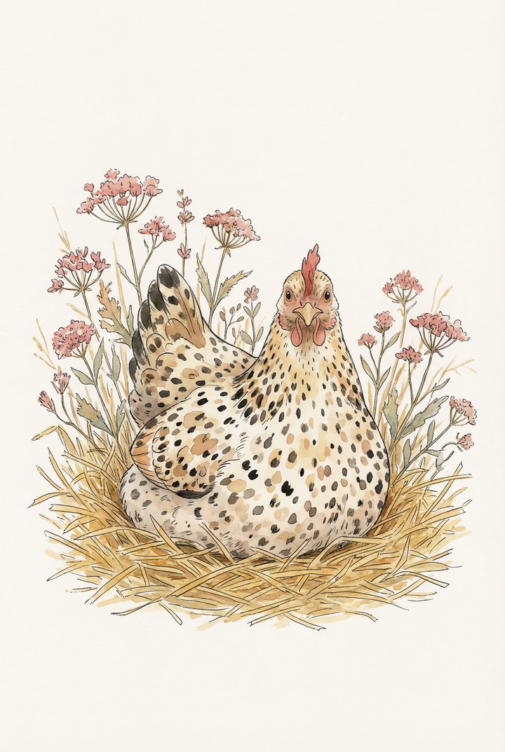 Detailed watercolor illustration of a speckled hen sitting on a nest of straw with delicate pink wildflowers behind it. The warm earthy tones and fine line details create a cozy rustic farm scene.

