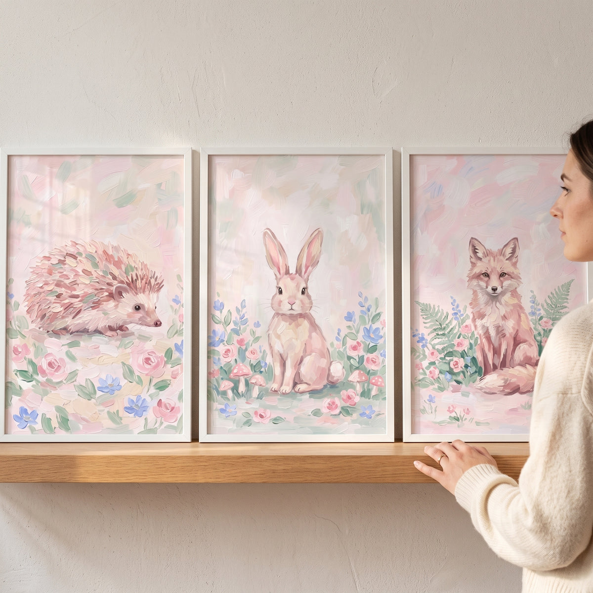 Pink Wildflower Woodland Animals Wall Art Set of 3 - Woodland Friends Trio