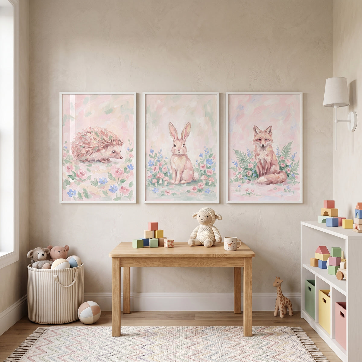 Pink Wildflower Woodland Animals Wall Art Set of 3 - Woodland Friends Trio