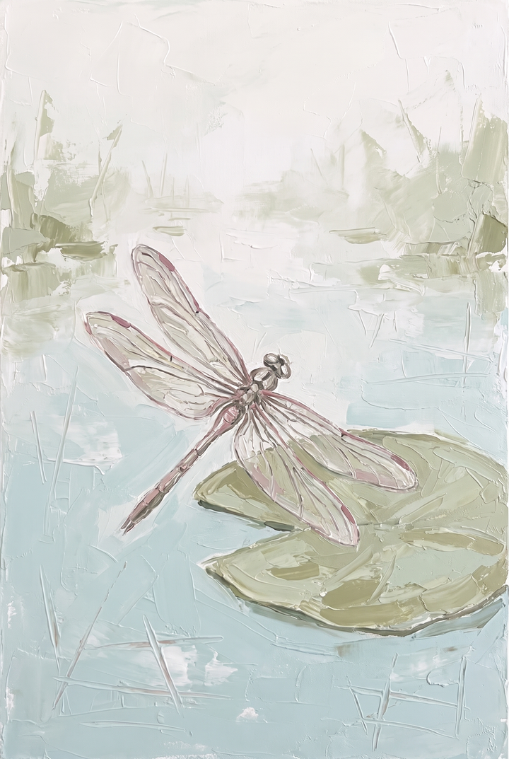 Pink wing textured dragonfly pond wall art with the insect resting on a light green lily pad over blue water.