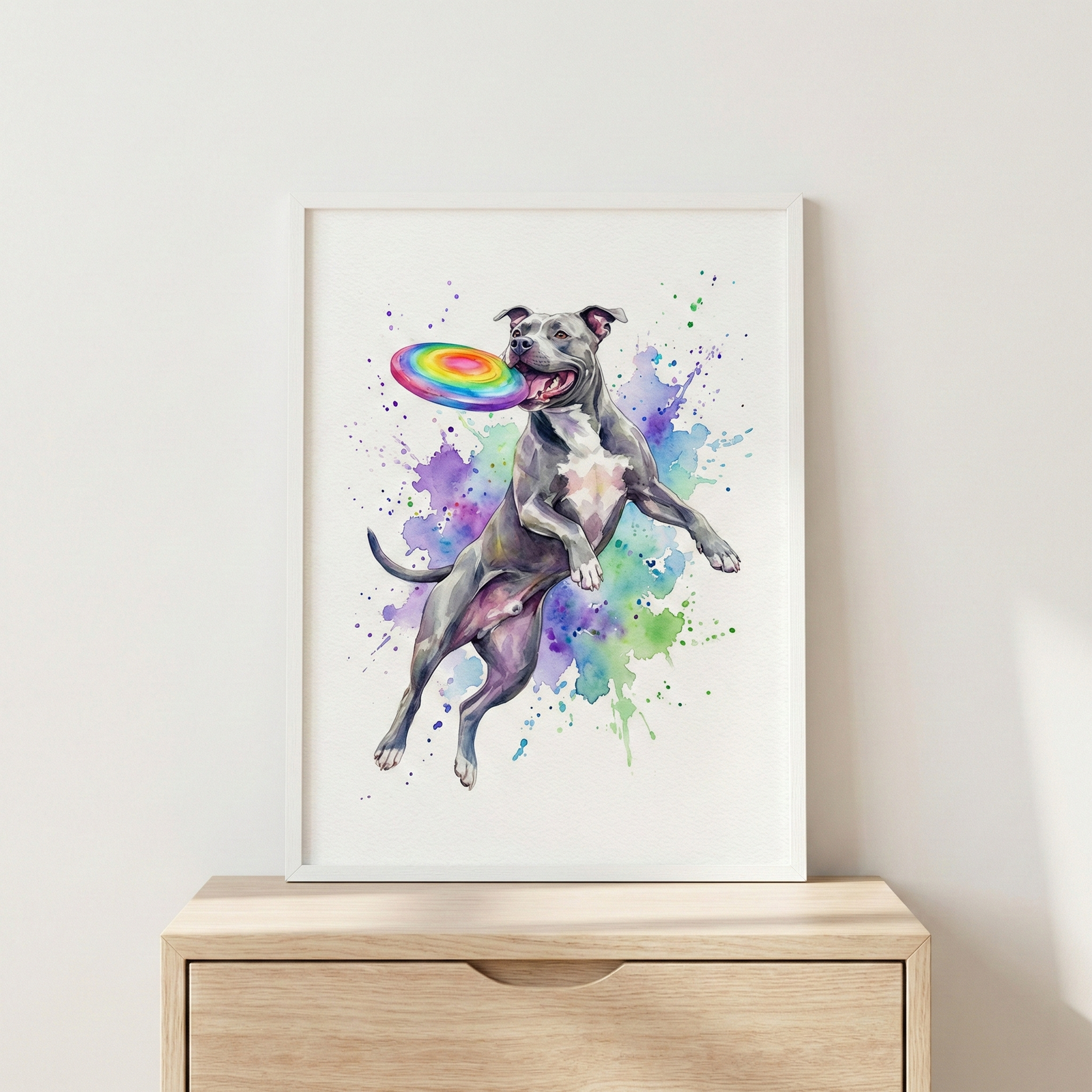 A watercolor illustration of a grey and white short-haired dog leaping through the air. The dog is shown in a dynamic pose, reaching for a colorful, rainbow-patterned flying disc. The background is filled with expressive splashes and drips of purple, blue, and green watercolor. The artwork is housed in a clean white frame and displayed on a light-toned wooden dresser against a plain white wall.