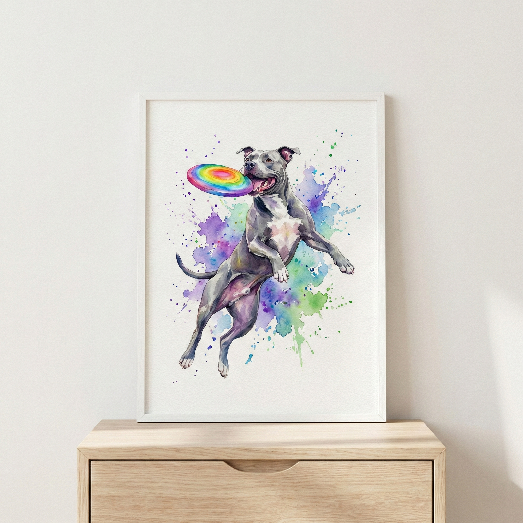Pitbull Art - Rainbow Fetch Action