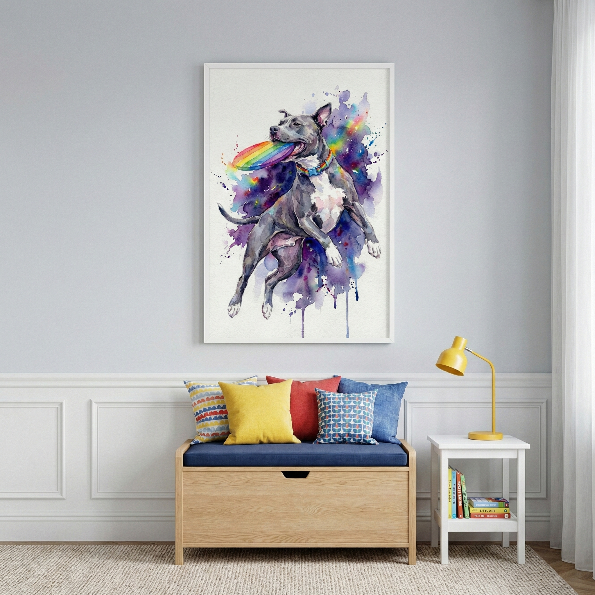 A large framed piece of artwork hangs on a light gray wall above a storage bench. The watercolor-style illustration depicts a gray and white dog jumping to catch a colorful rainbow-striped disc in its mouth, surrounded by vibrant splashes of purple and blue. Below, a light-toned wooden bench with a blue cushion is accented by several colorful pillows. To the right, a white side table holds a yellow lamp and a few books. The room is decorated with white wainscoting and a textured rug.