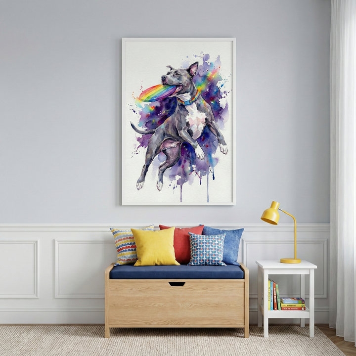 A large framed piece of artwork hangs on a light gray wall above a storage bench. The watercolor-style illustration depicts a gray and white dog jumping to catch a colorful rainbow-striped disc in its mouth, surrounded by vibrant splashes of purple and blue. Below, a light-toned wooden bench with a blue cushion is accented by several colorful pillows. To the right, a white side table holds a yellow lamp and a few books. The room is decorated with white wainscoting and a textured rug.