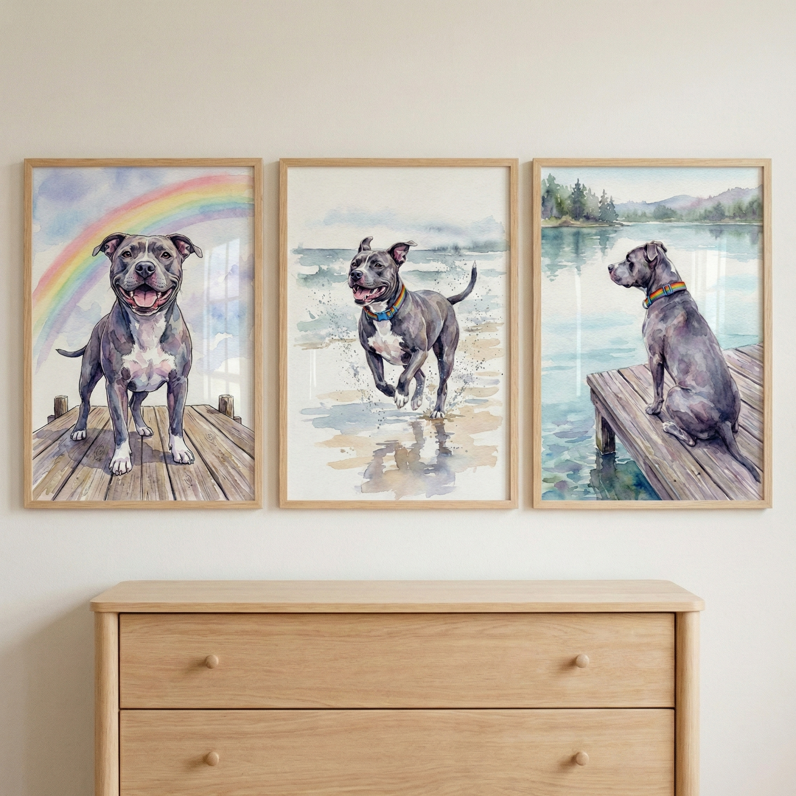 Three framed watercolor-style illustrations hang side-by-side on a light-colored wall above a wooden dresser. Each piece features a grey and white short-haired dog in a different outdoor setting. On the left, the dog stands on a wooden dock under a bright rainbow. The middle piece shows the dog running through shallow water at a beach. The right piece shows the dog sitting on a dock, looking out at a calm lake and mountains. The dresser below is made of light wood with two drawers.