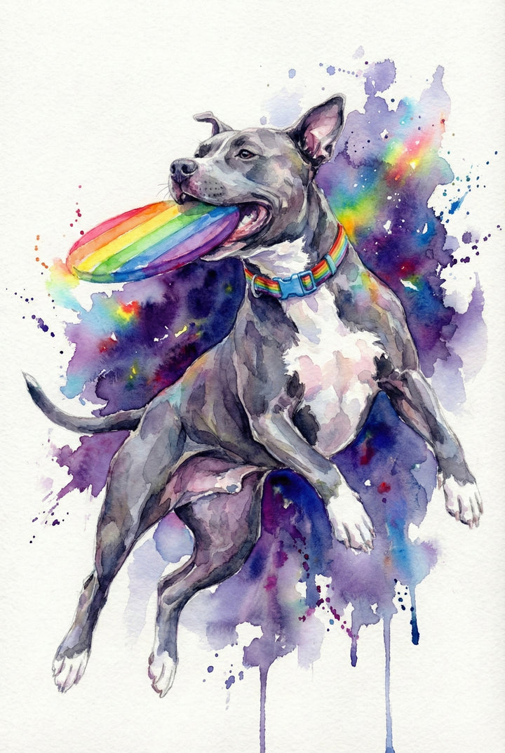 A vibrant watercolor artwork of a grey and white dog leaping through the air. The dog has a joyful expression and holds a rainbow-colored flying disc in its mouth. It wears a matching rainbow-striped collar with a blue buckle. The background features dynamic splashes of purple, blue, and rainbow colors that create a sense of movement, with drips and splatters extending toward the bottom against a white paper texture.