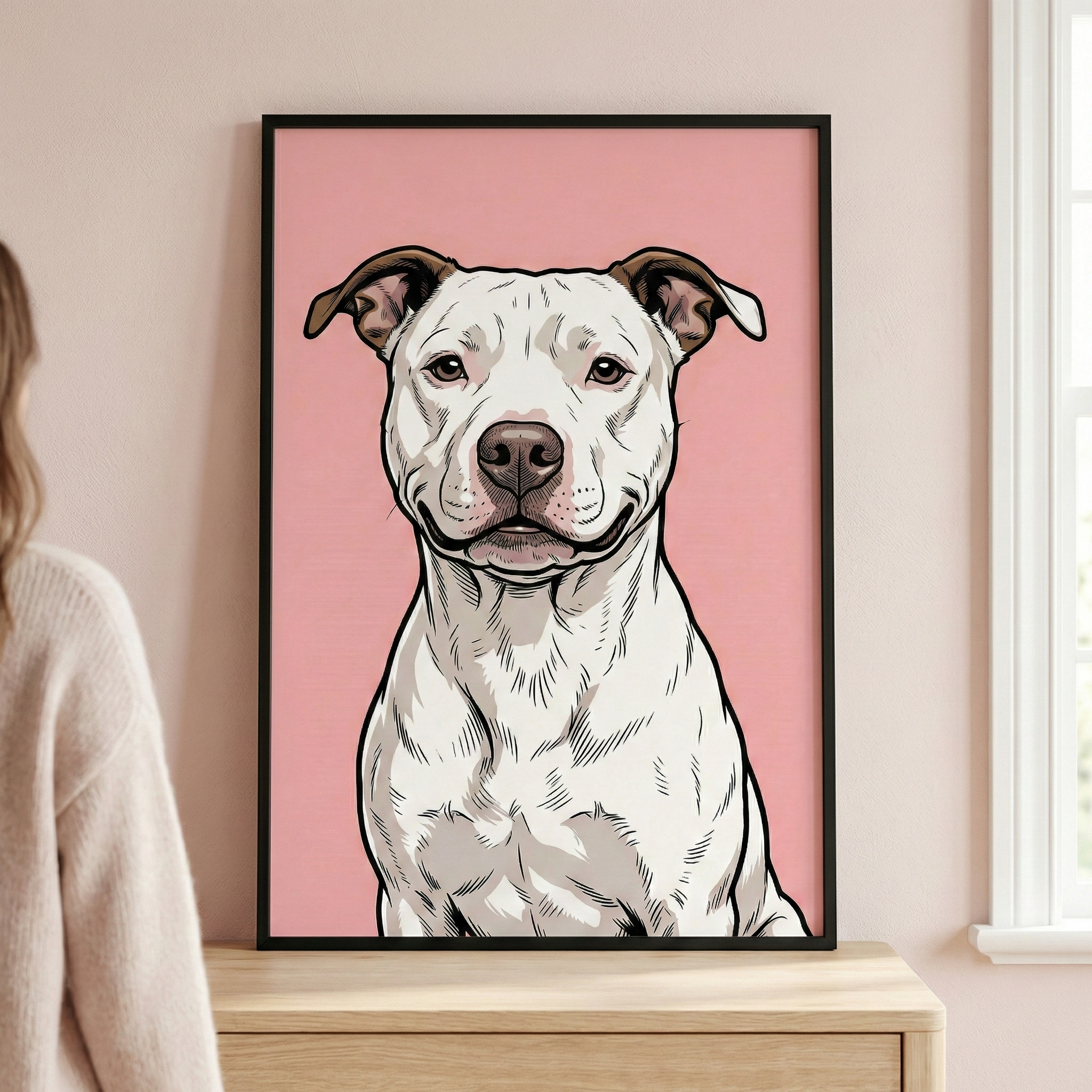 A graphic illustration of a white, muscular dog with floppy ears featuring brown tips. The dog is shown from the chest up, looking directly forward with a calm expression. It has brown eyes and a prominent dark nose. The artwork uses bold black outlines and fine line-work for shading and texture. The entire subject is set against a solid, pale pink background.