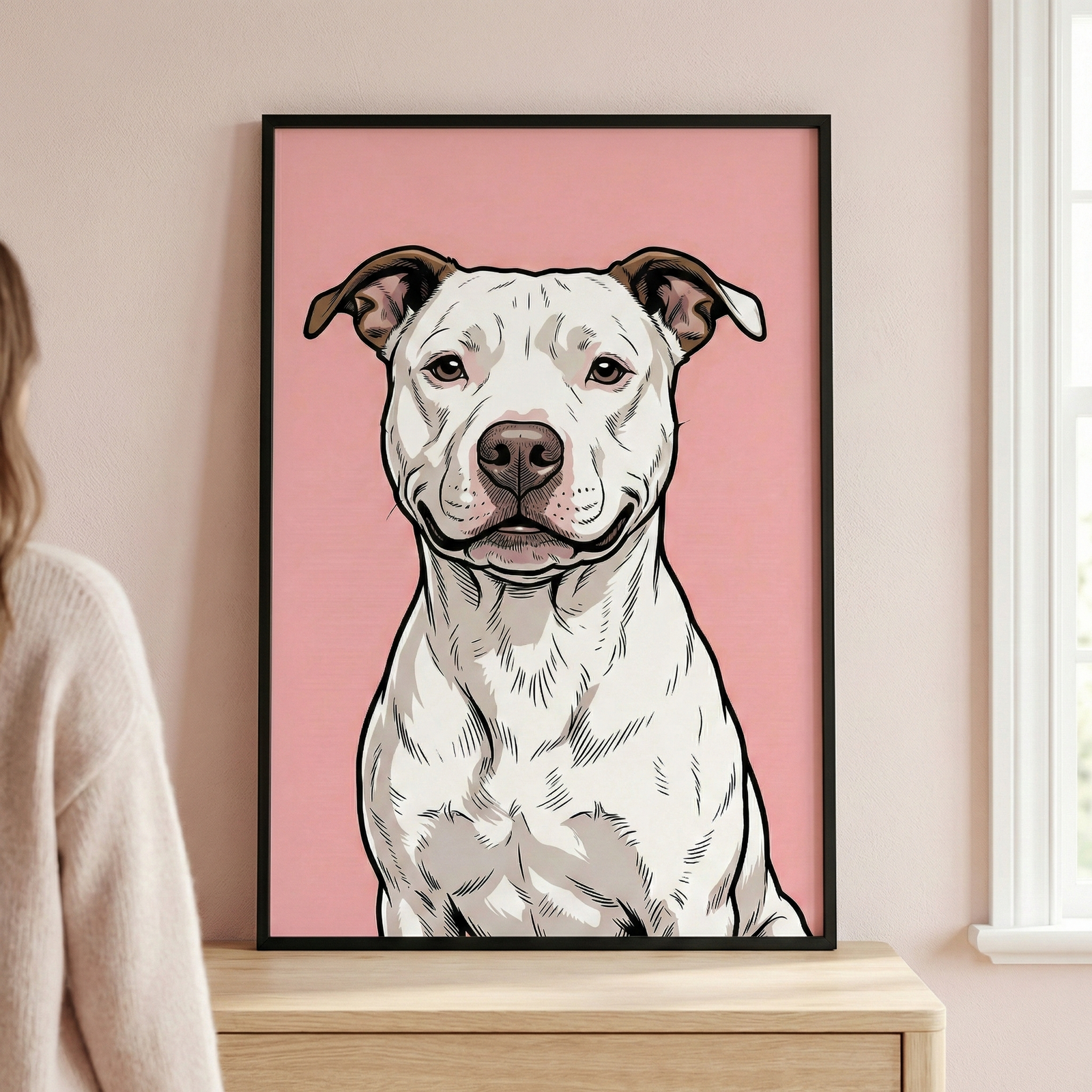 A graphic illustration of a white, muscular dog with floppy ears featuring brown tips. The dog is shown from the chest up, looking directly forward with a calm expression. It has brown eyes and a prominent dark nose. The artwork uses bold black outlines and fine line-work for shading and texture. The entire subject is set against a solid, pale pink background.