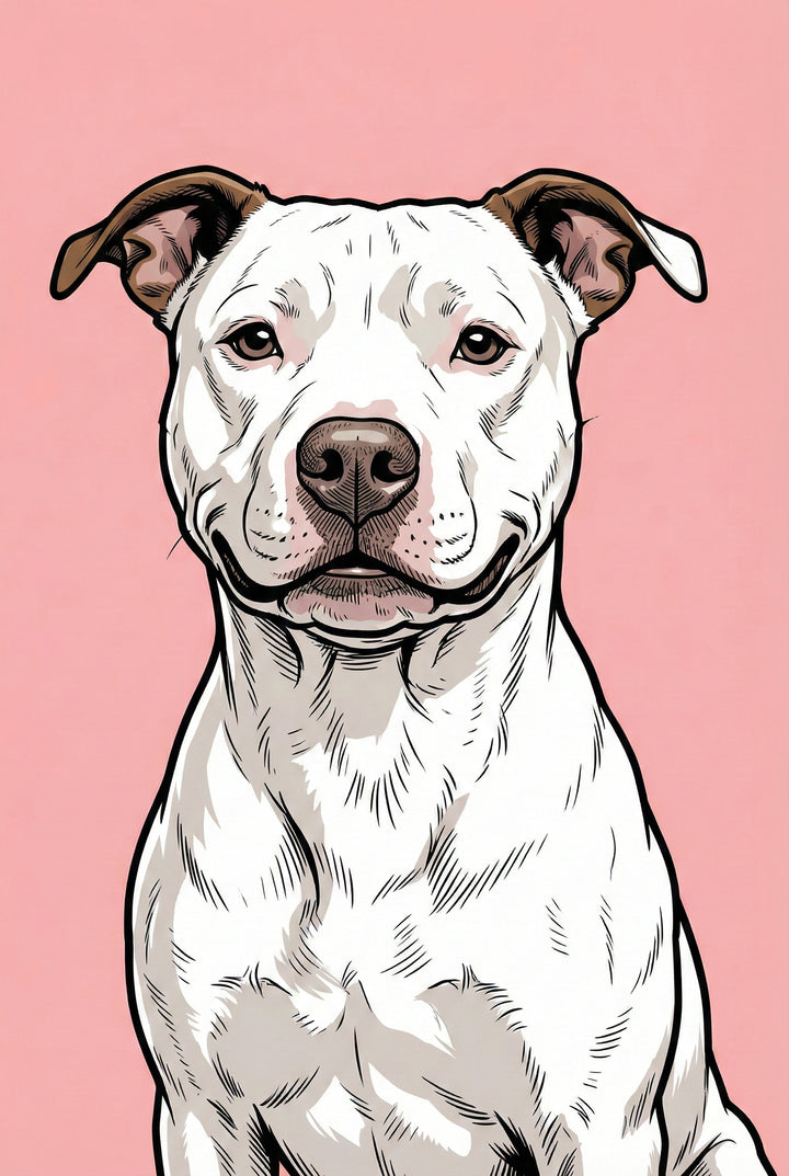 A large framed illustrative dog portrait hangs centrally on a soft pink wall in a child's bedroom. The artwork depicts a white dog with brown ears in a bold, comic-style illustration against a solid pink background. Below, a white bed is adorned with an assortment of colorful pillows, including a yellow star, and various soft plush toys like rabbits and bears. The cozy space is rounded out with pink rugs, a gold lamp on a small nightstand, and shelves filled with books and toys.