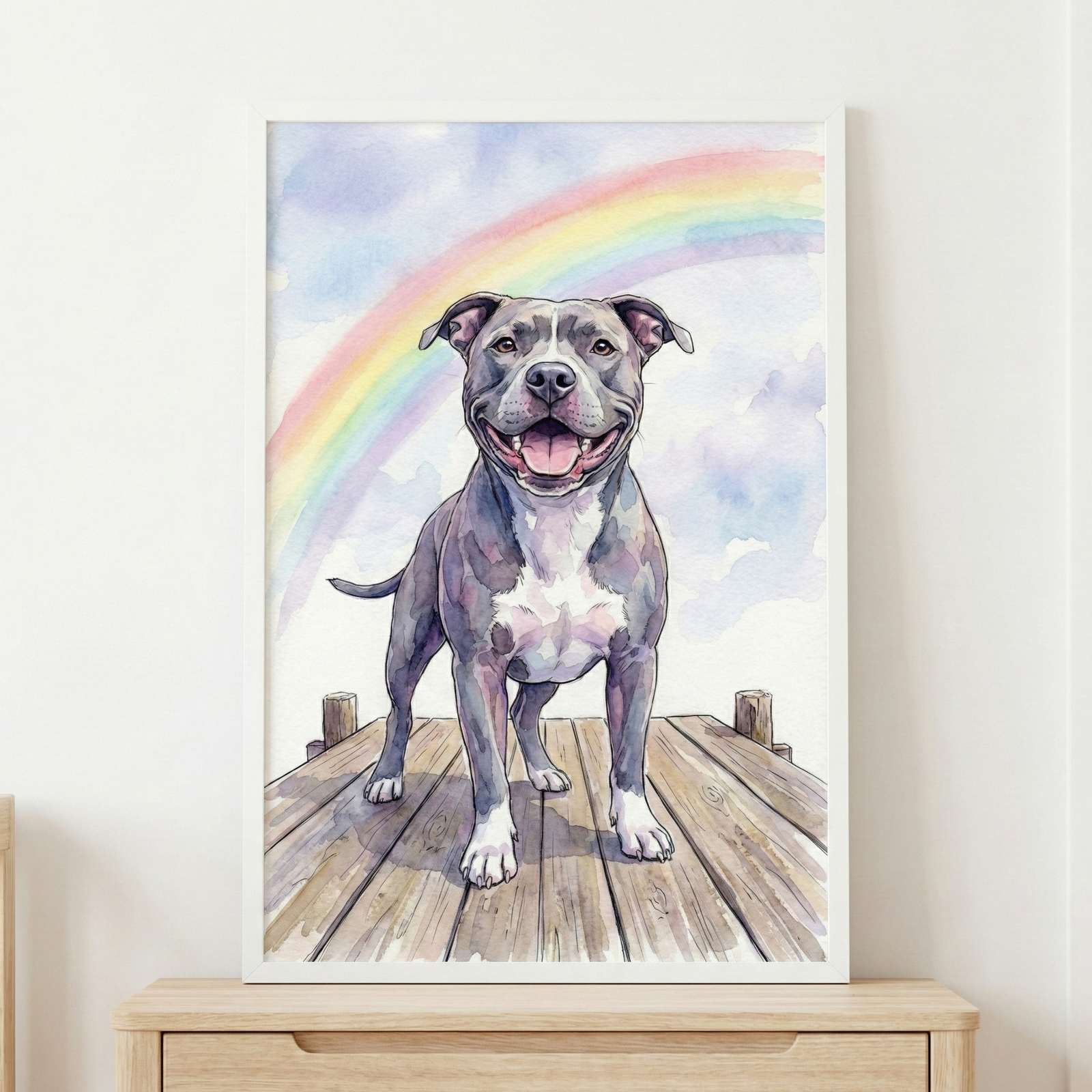A framed watercolor illustration of a happy gray and white pit bull-type dog. The dog stands on a wooden dock, facing forward with a wide, cheerful expression and its tongue out. Behind it, a colorful rainbow arcs through a sky filled with soft clouds and light blue washes. The vertical artwork is encased in a simple white frame and displayed on a light wood cabinet against a plain white wall.