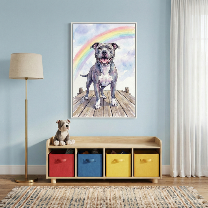 A framed watercolor-style illustration of a happy gray and white dog standing on a wooden dock hangs on a light blue wall. A soft rainbow arches across a cloudy sky in the background of the artwork. Below the frame, a light wood storage bench holds four colorful fabric bins in red, blue, and yellow. A small plush toy dog sits atop the bench. To the left is a tall gold floor lamp with a beige shade, and to the right are white, semi-sheer curtains. A patterned woven rug covers the floor.