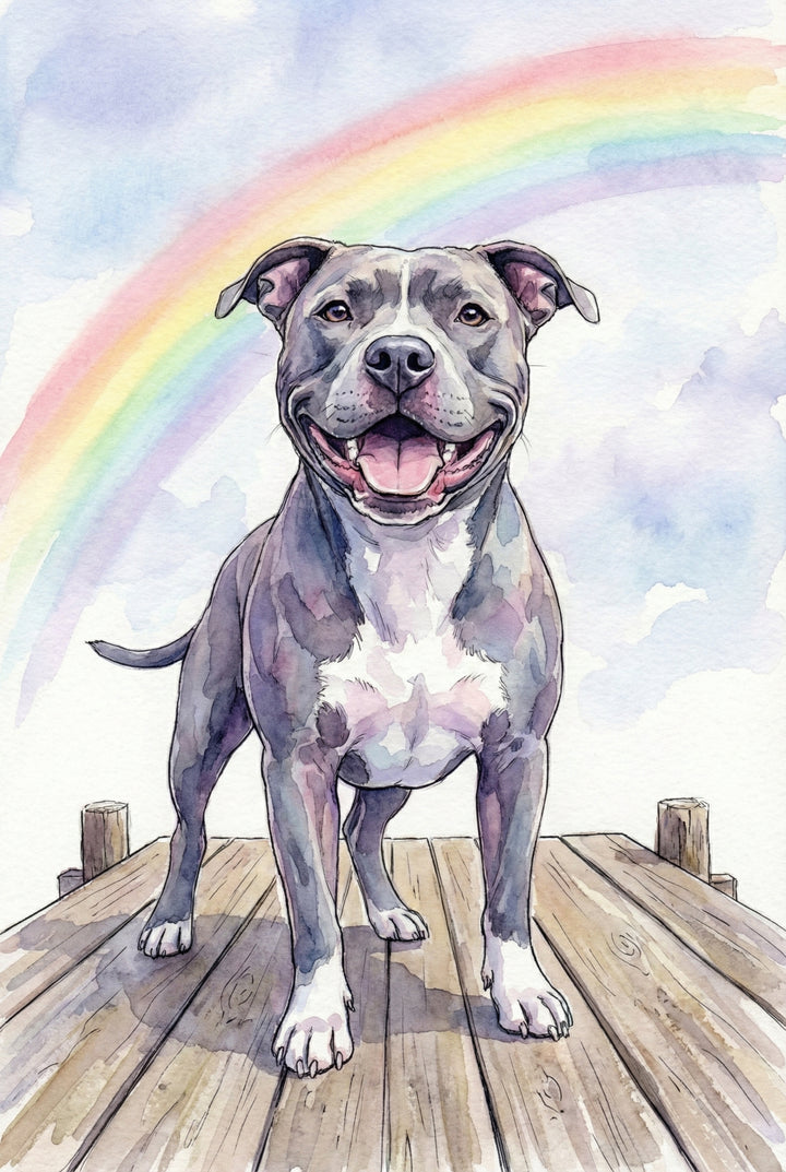 A watercolor and ink illustration of a smiling gray and white dog with short fur, standing on a wooden dock. The dog has a joyful expression with its mouth open and tongue visible. Its coat is rendered with soft shades of gray, lavender, and white. Behind the dog, a vibrant rainbow arches across a sky filled with soft, light blue and white clouds. The artwork features delicate black ink outlines and gentle, blended washes in pastel tones.