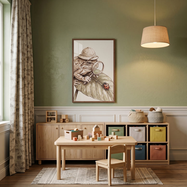 Pith helmet explorer toad wall art hangs in a sage green playroom with a wooden table, chair, and colorful storage bins.