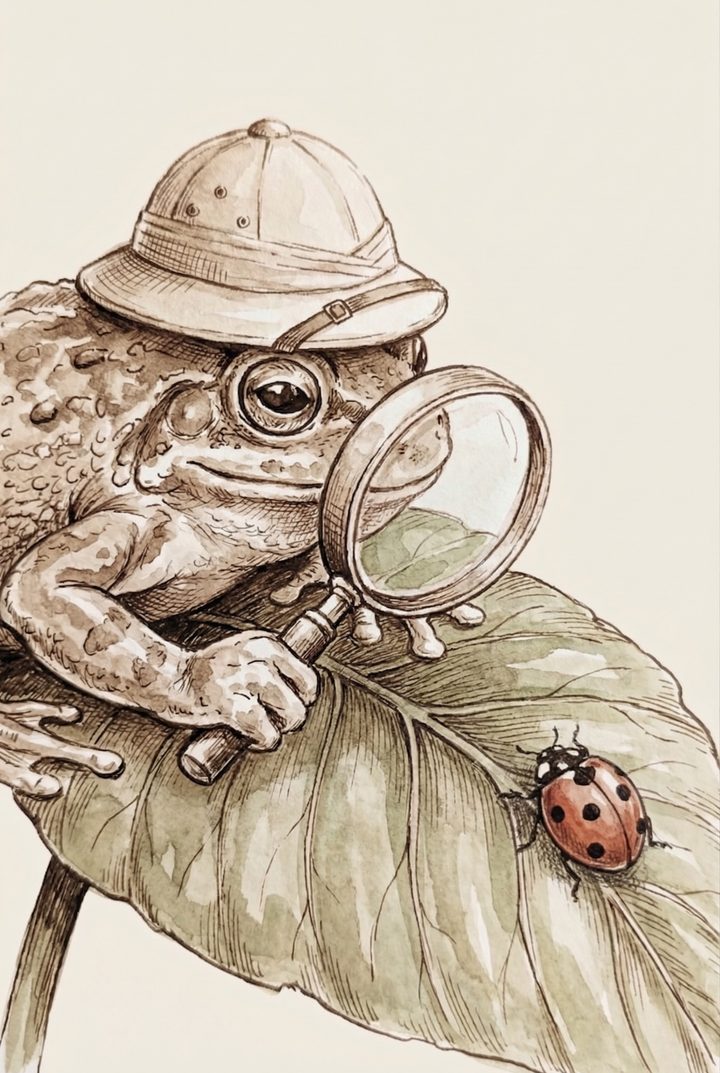 Detailed frog illustration wearing a safari hat using a magnifying glass to examine a ladybug on a leaf.
