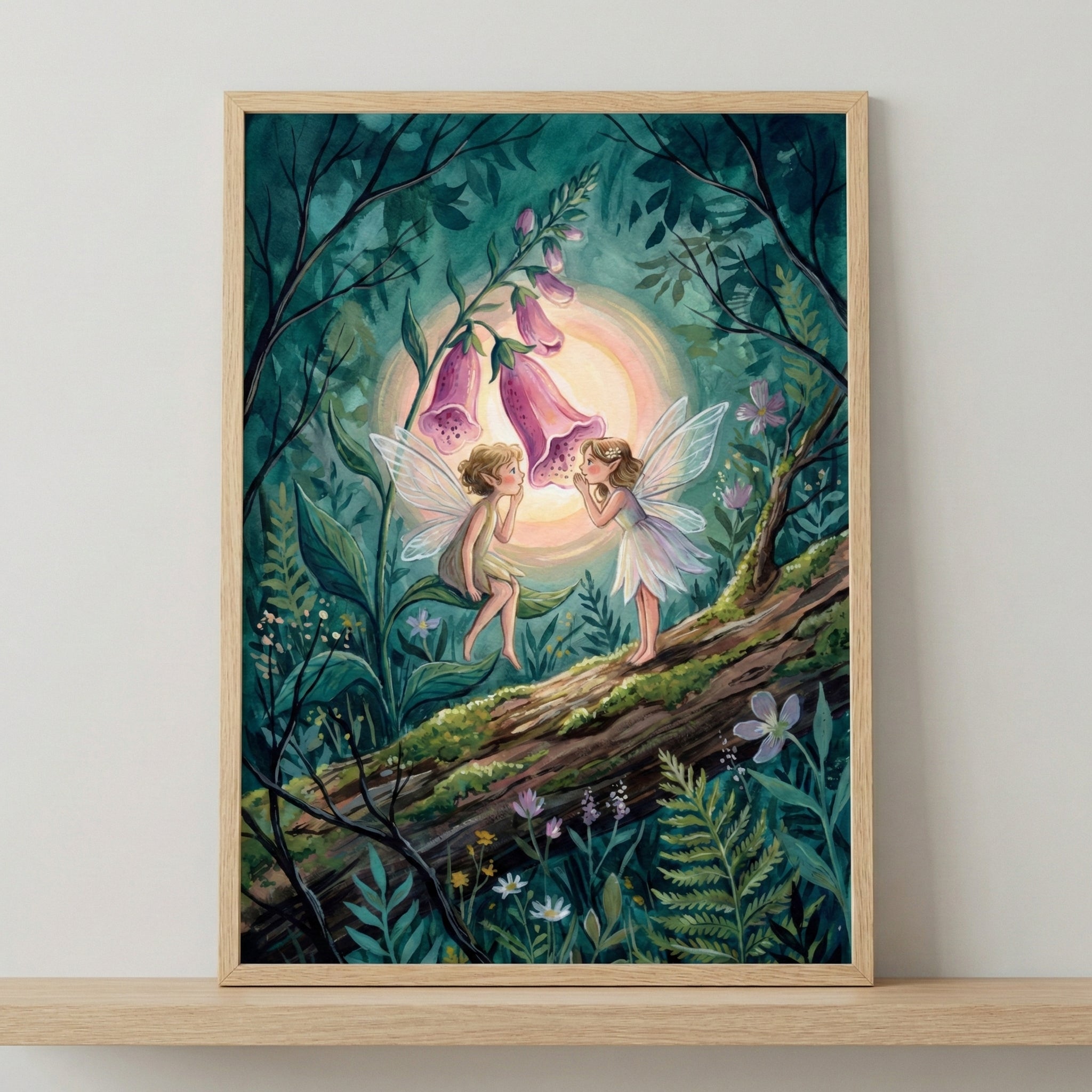 framed storybook-style illustration of two delicate fairies standing on a mossy log in a lush forest, facing each other beneath glowing pink foxglove flowers, with soft wings, gentle expressions, and a warm halo of light creating a magical, whimsical woodland scene.
