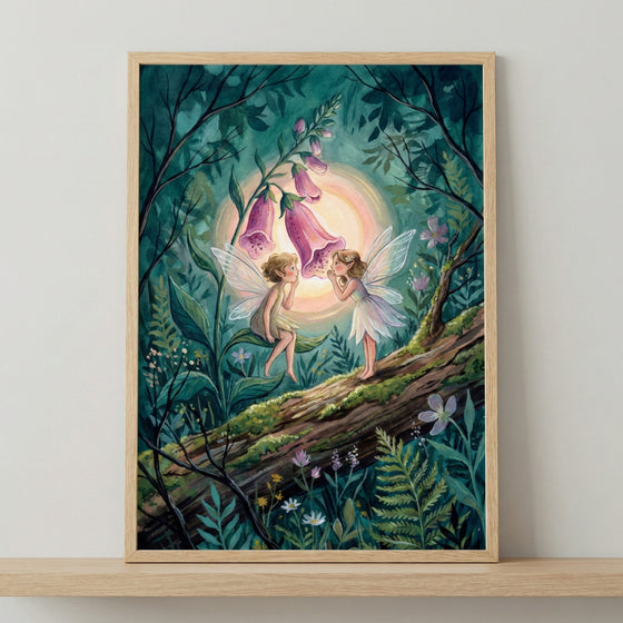 framed storybook-style illustration of two delicate fairies standing on a mossy log in a lush forest, facing each other beneath glowing pink foxglove flowers, with soft wings, gentle expressions, and a warm halo of light creating a magical, whimsical woodland scene.