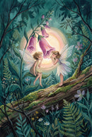 A whimsical watercolor illustration of two fairies with translucent wings standing on a mossy forest log, leaning toward each other beneath glowing purple foxglove flowers, surrounded by lush green foliage and a soft halo of light that creates a magical, storybook woodland scene.