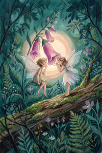 A whimsical watercolor illustration of two fairies with translucent wings standing on a mossy forest log, leaning toward each other beneath glowing purple foxglove flowers, surrounded by lush green foliage and a soft halo of light that creates a magical, storybook woodland scene.