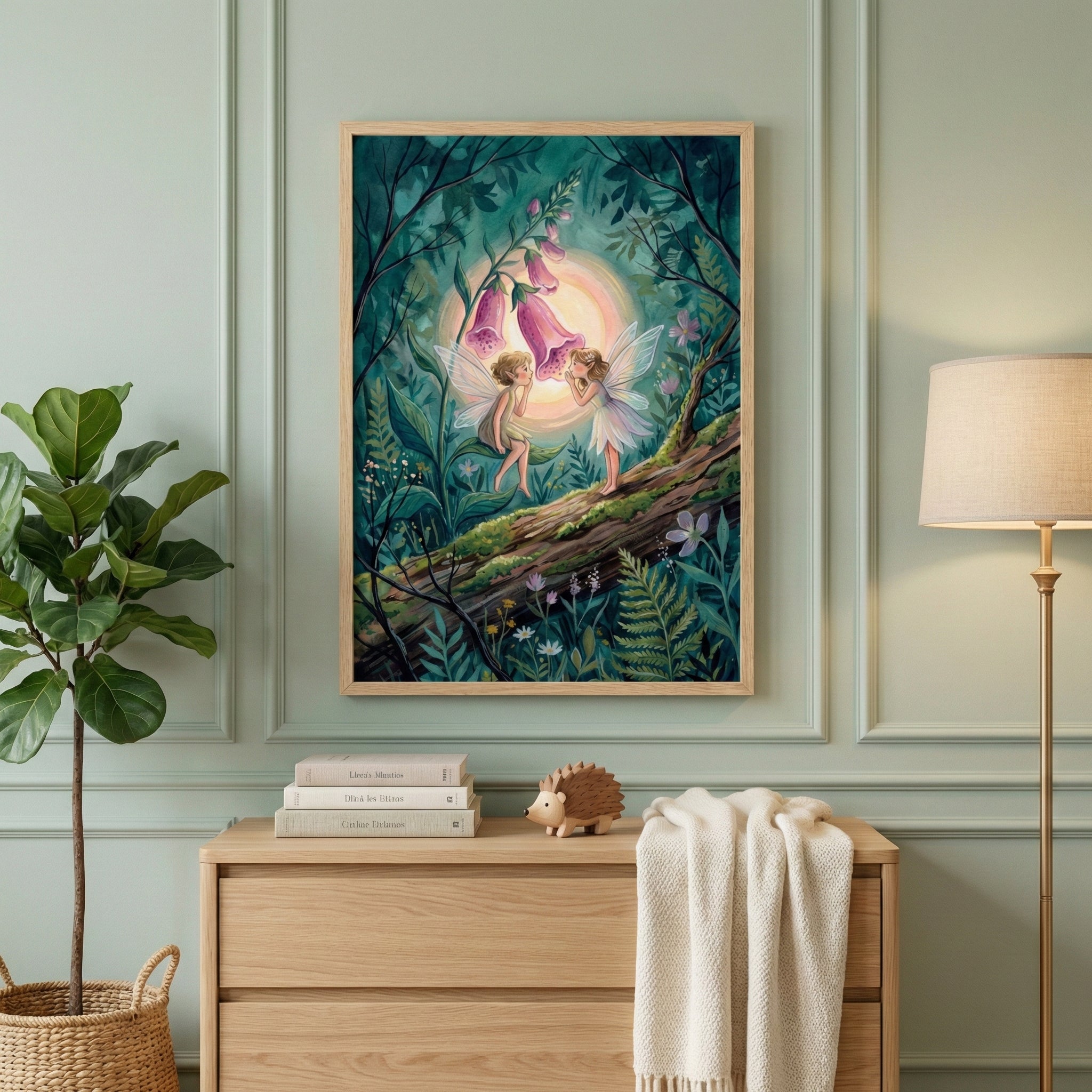 A softly styled nursery or child’s bedroom with sage green paneled walls, featuring a framed woodland illustration of two fairies on a mossy log beneath glowing foxglove flowers, displayed above a light wood dresser with books, a small hedgehog toy, a cozy blanket, a potted plant, and warm ambient lighting.