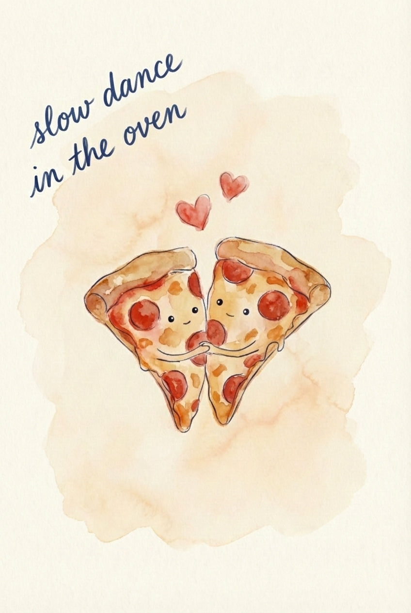 Two smiling pepperoni pizza slices dance closely with arms wrapped around each other, surrounded by hearts and labeled “Slow dance in the oven.”
