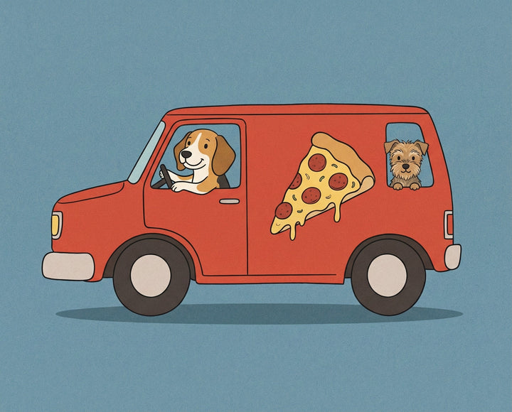 A cheerful beagle drives a red delivery van with a large pepperoni pizza graphic on the side while a small terrier looks out the back window, forming a fun and family-friendly food delivery scene loved by all ages.
