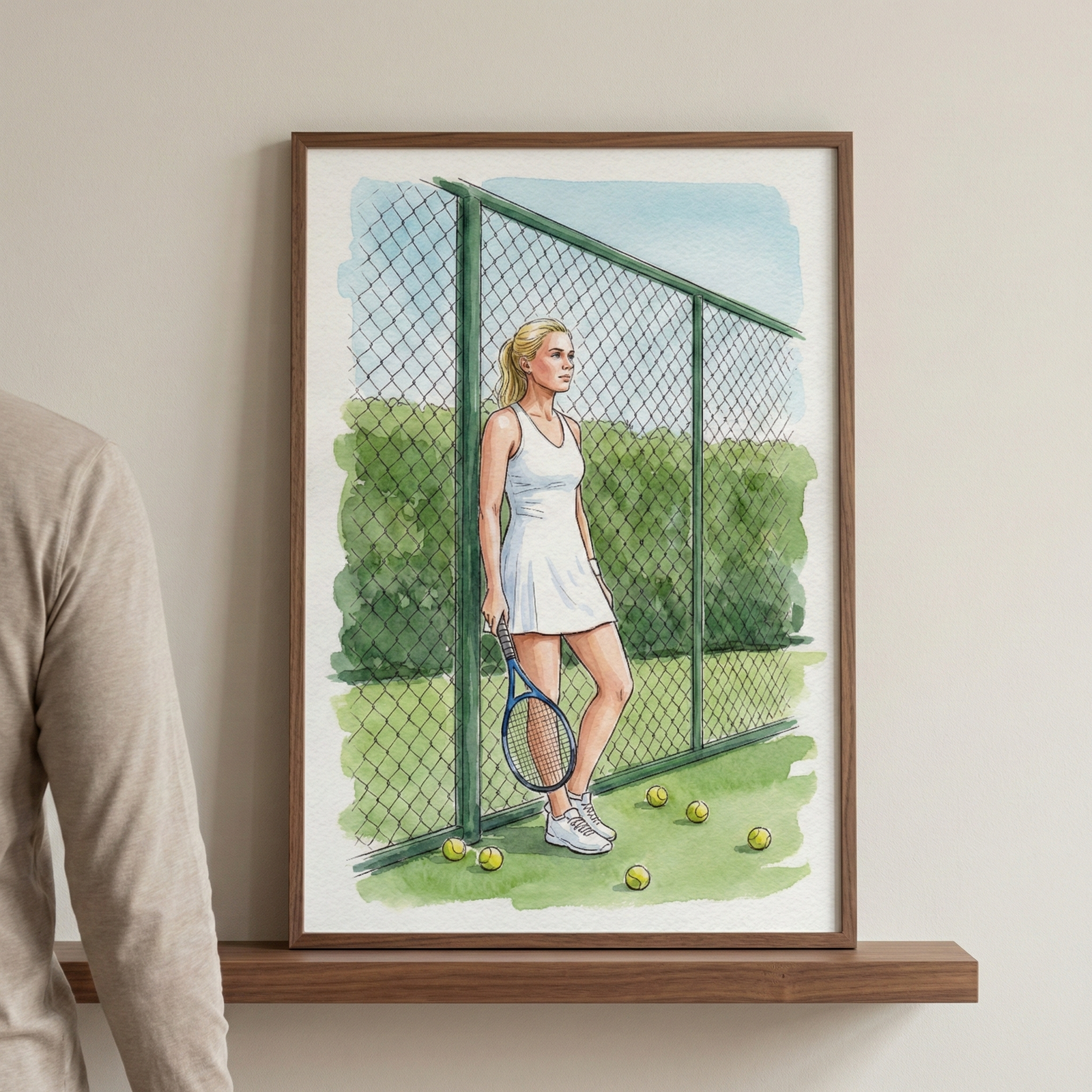 A framed watercolor and ink illustration is displayed on a dark wooden shelf against a plain, light-colored wall. The artwork depicts a blonde woman in a sleeveless white athletic dress and matching sneakers, standing on a green court. She holds a blue-rimmed racket in her hand and leans slightly against a tall green chain-link fence. Several bright yellow-green tennis balls are scattered on the ground at her feet. Behind the fence, a dense line of green trees is visible under a clear, light blue sky. 