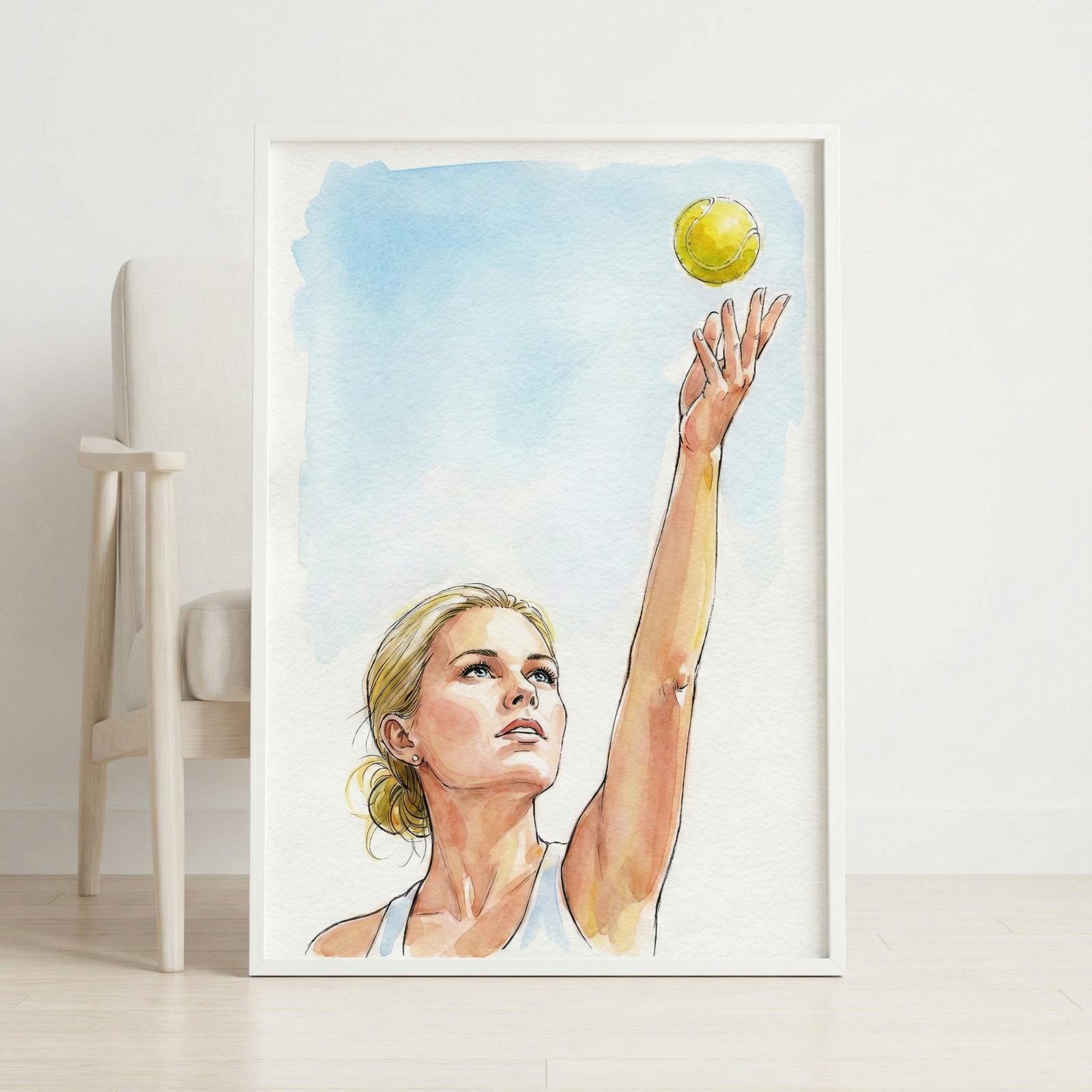 A framed watercolor-style illustration depicts a blonde woman in a white athletic top tossing a yellow sports ball into the air. Her right arm is fully extended upward, and her gaze is focused on the ball against a soft blue background. The artwork, held in a simple white frame, leans against a pale wall on a light wood floor. A modern wooden chair with light fabric is partially visible to the left, creating a clean, minimalist interior setting.