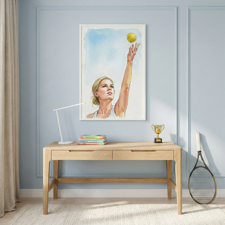 A bright, modern room scene features a light-colored wooden desk set against a pale blue paneled wall. On the desk are a white desk lamp, a stack of colorful books, and a small gold trophy. Above the desk hangs a large framed artwork showing a blonde woman in white athletic wear tossing a yellow tennis ball into the air. A tennis racket leans against the wall to the right of the desk. To the left, a neutral-toned curtain hangs, and the entire setup sits on a light-colored textured rug.