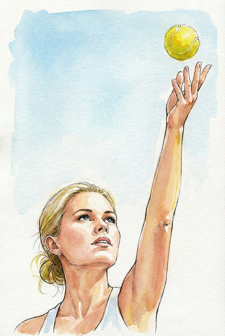 Close up watercolor portrait of a blonde tennis player raising her arm to toss a bright yellow tennis ball into the air. Her focused gaze follows the ball against a pale blue sky background. The upward motion captures the moment just before a serve.

