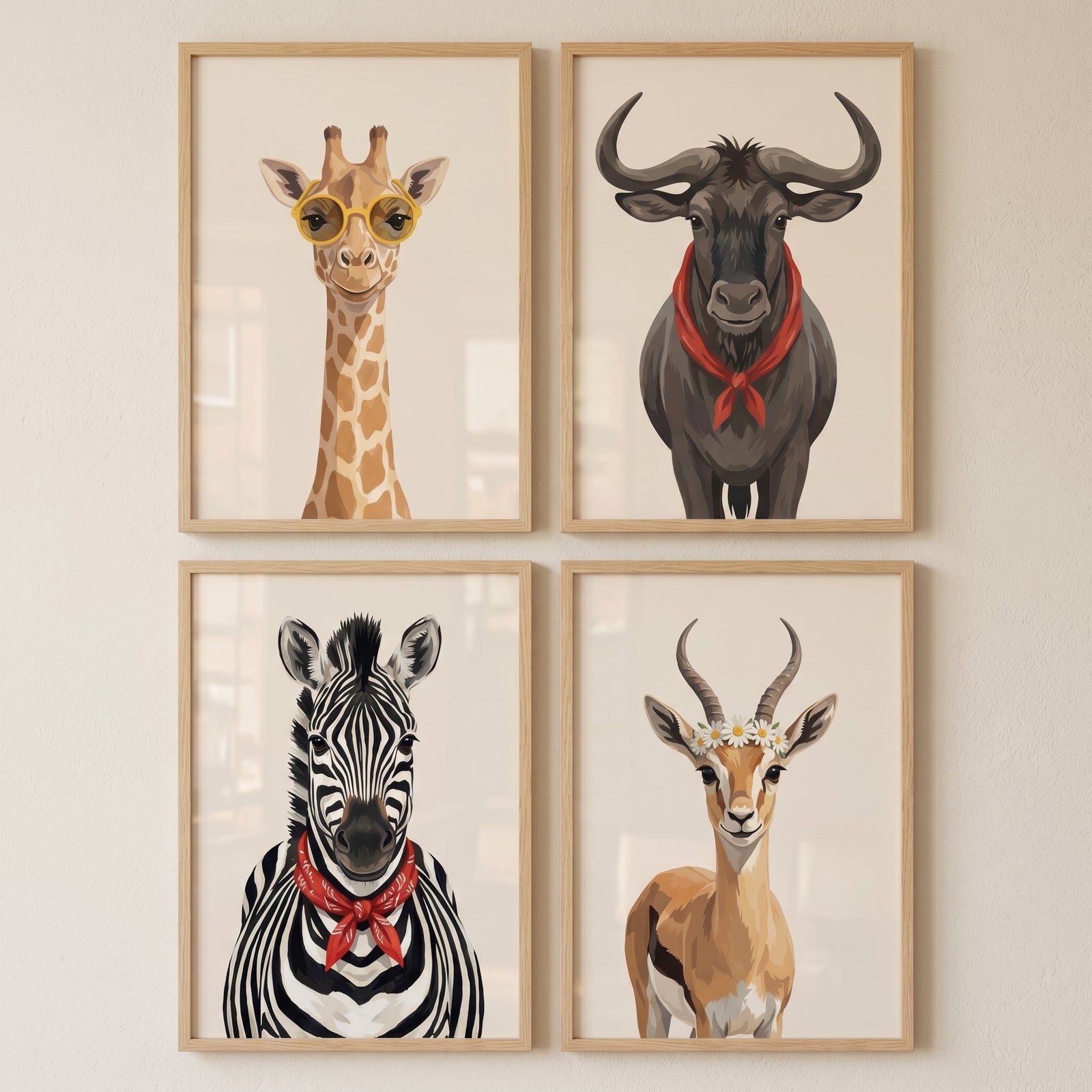 Playful accessorized safari animal wall art set of 4 with a giraffe, wildebeest, zebra, and gazelle in wood frames.