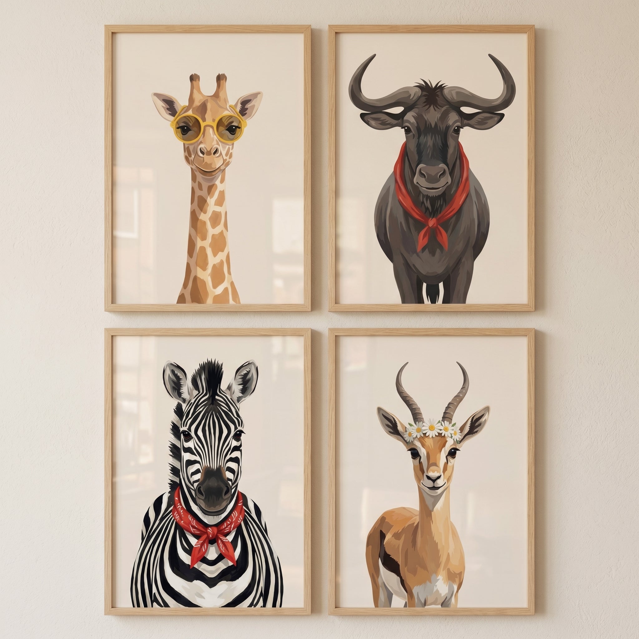 Playful Accessorized Safari Animal Wall Art Set of 4 - Savanna Style