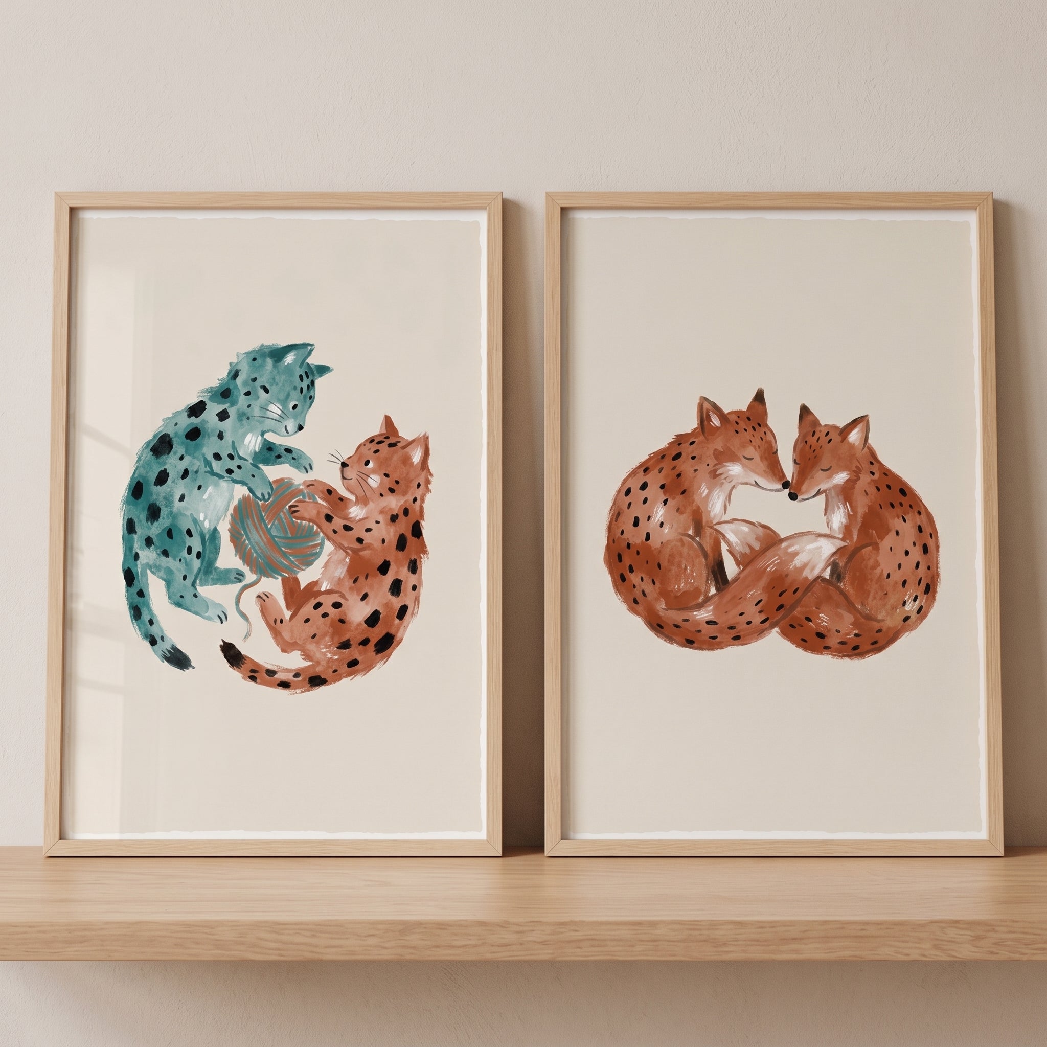 Playful Black Dot Animal Wall Art Set of 2 - Cozy Animal Pairs