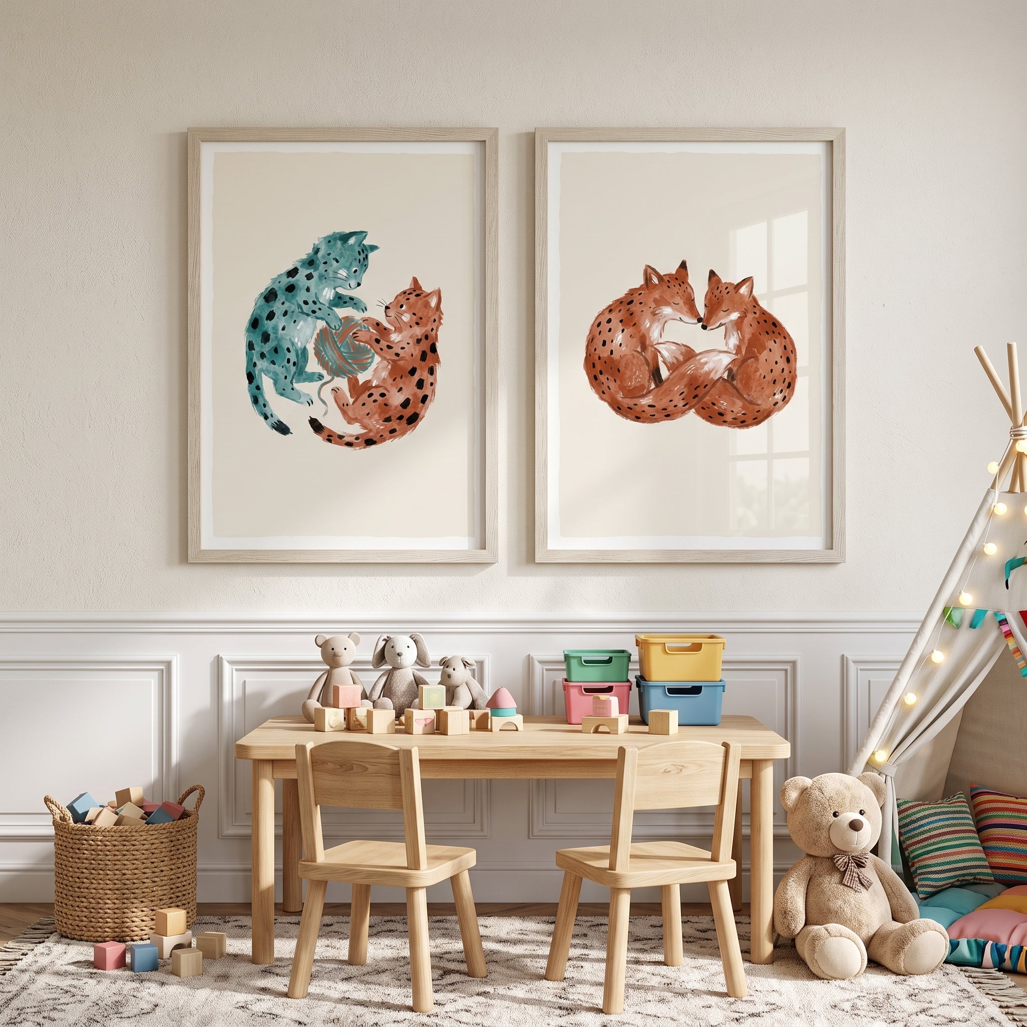 Playful Black Dot Animal Wall Art Set of 2 - Cozy Animal Pairs
