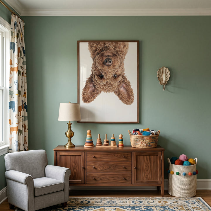 Playful brown poodle mix wall art hangs above a wooden sideboard in a green room with a grey chair and wooden toys.