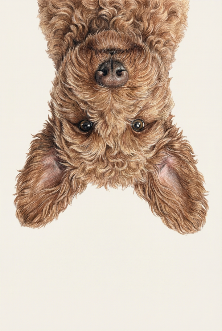 Playful brown poodle mix wall art featuring an upside down curly-haired dog with expressive dark eyes and floppy ears.