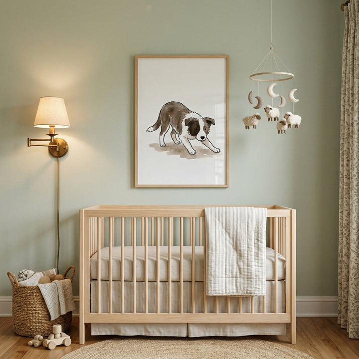A tranquil nursery features sage green walls and light-toned wood. A minimalist wooden crib is centered, draped with a neutral-striped blanket. Above hangs a large framed piece of art showing a watercolor-style illustration of a playful black and white dog. 