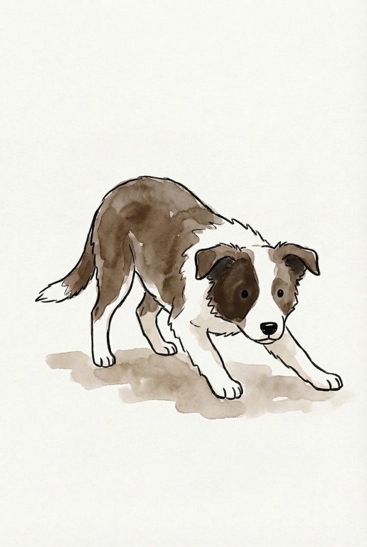 Watercolor illustration of a brown and white dog in a playful bow position with its front legs stretched forward and tail raised. The stance suggests the dog is inviting play while maintaining focus on its expressive face.

