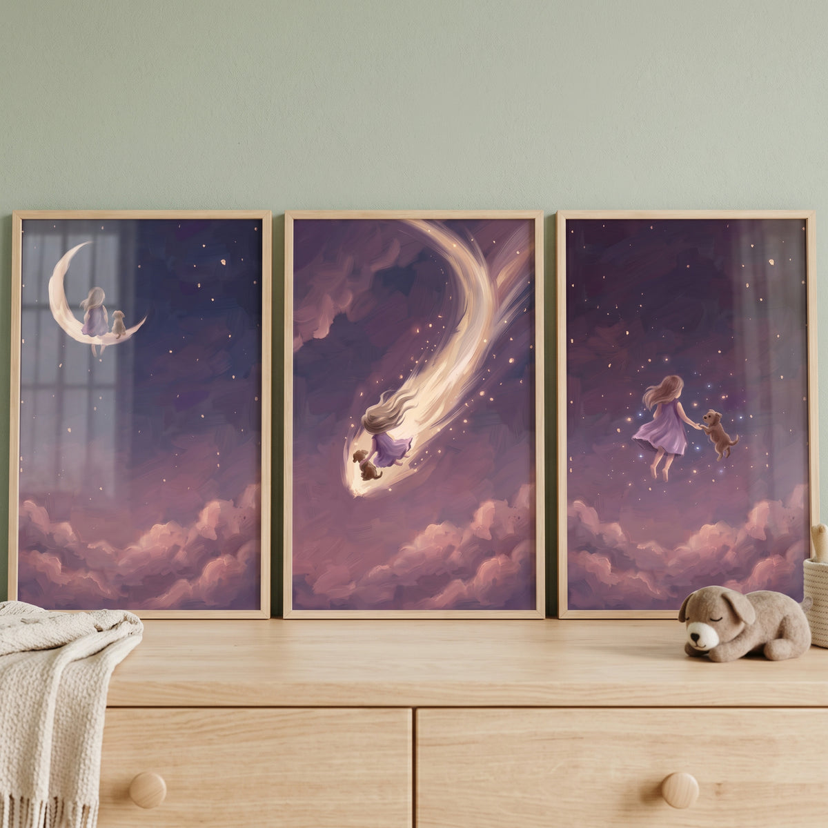Playful night girl dog print set of 3 depicts a child and puppy journeying through a starry sky with pink clouds.