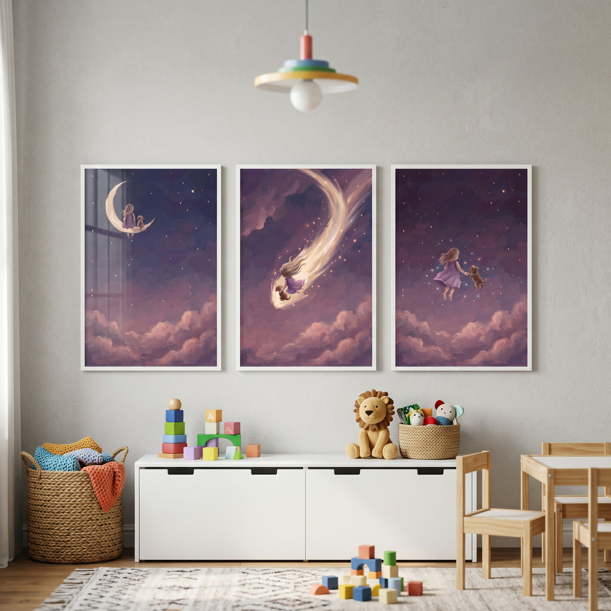 Playful Night Girl Dog Print Set of 3 - Celestial Moon Friends