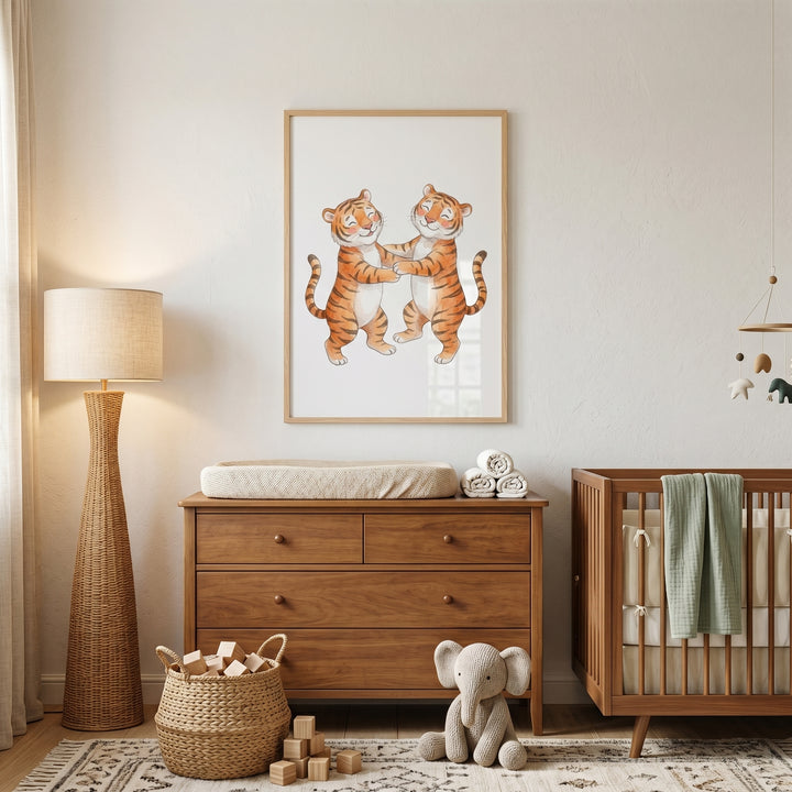 Cozy nursery with wooden furniture and playful orange dancing tiger wall art hanging above a dresser and changing mat.